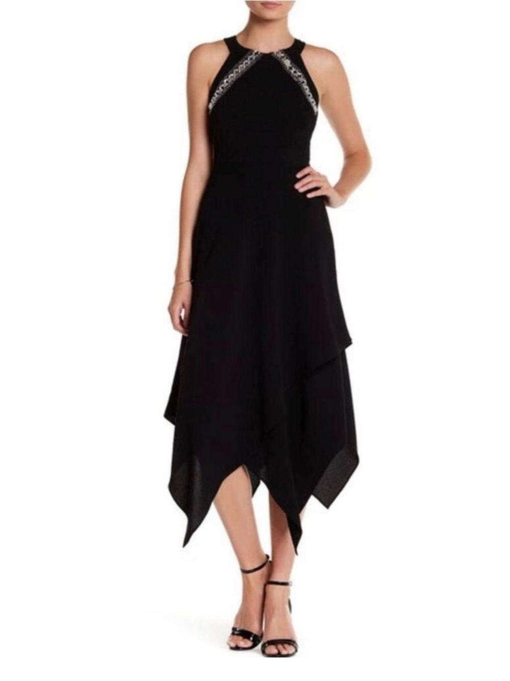 Shoshanna Kiera Halter Fit & Flare Mirror Hankerchief Hem Formal Dress Black 2